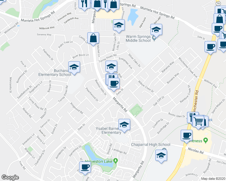 map of restaurants, bars, coffee shops, grocery stores, and more near 26684 Margarita Road in Murrieta