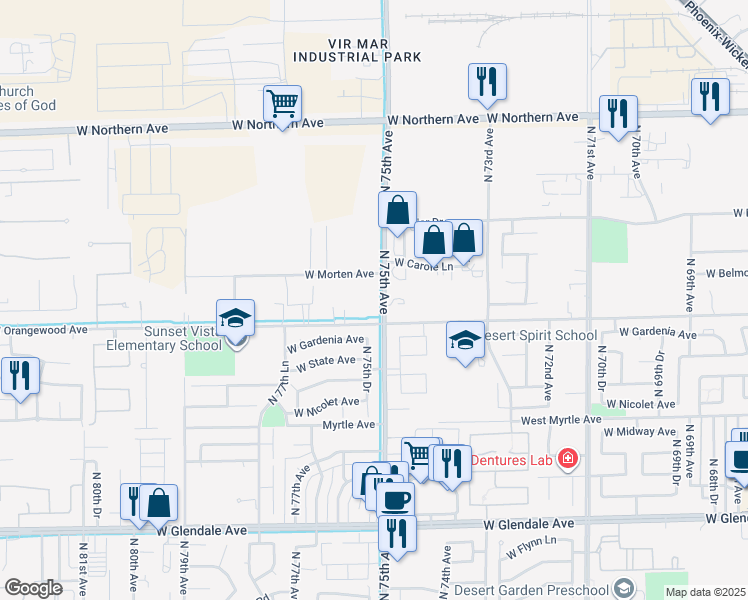 map of restaurants, bars, coffee shops, grocery stores, and more near 7508 West Orangewood Avenue in Glendale