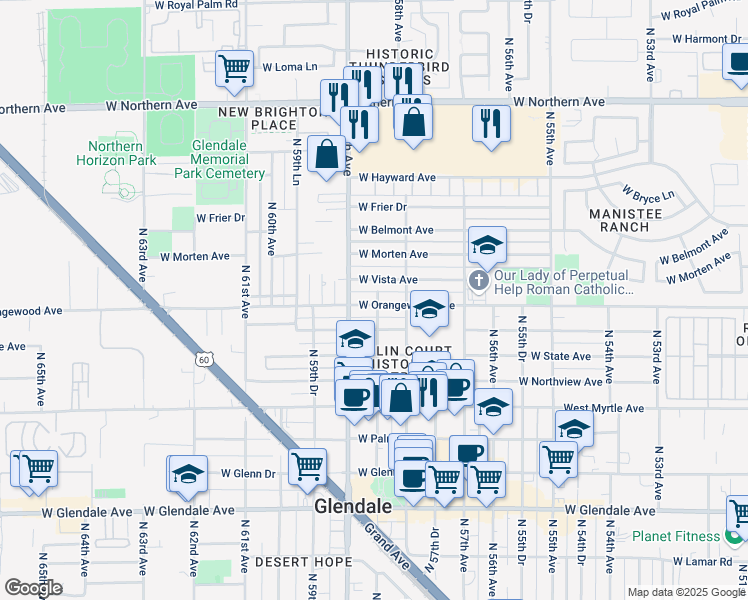 map of restaurants, bars, coffee shops, grocery stores, and more near 5832 West Orangewood Avenue in Glendale