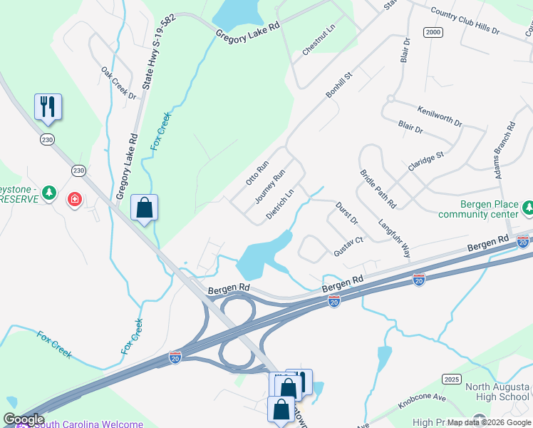 map of restaurants, bars, coffee shops, grocery stores, and more near 1082 Dietrich Lane in North Augusta