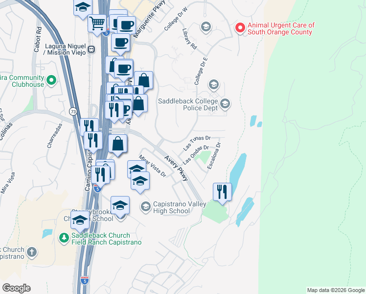 map of restaurants, bars, coffee shops, grocery stores, and more near 26601 Las Tunas Drive in Mission Viejo
