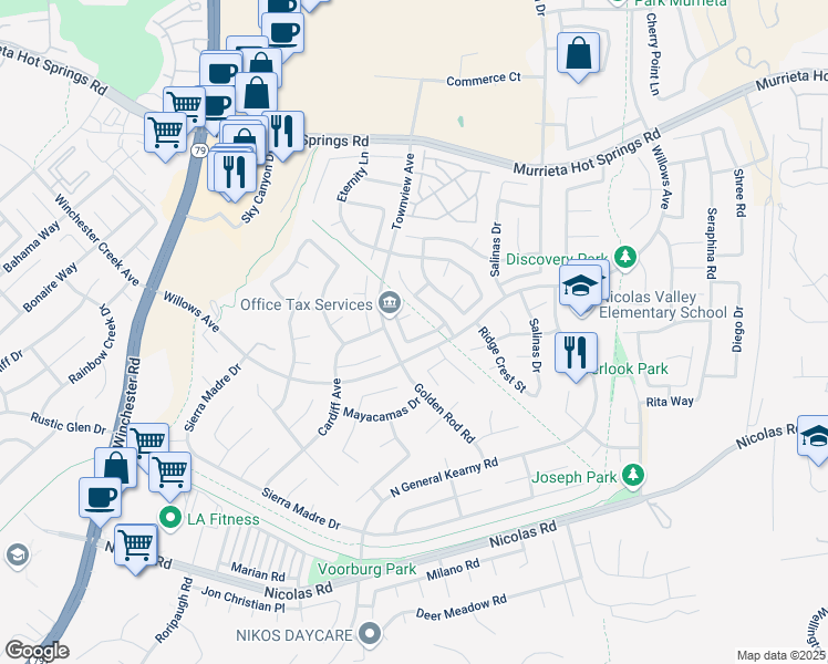 map of restaurants, bars, coffee shops, grocery stores, and more near 30392 Ambercorn Drive in Murrieta