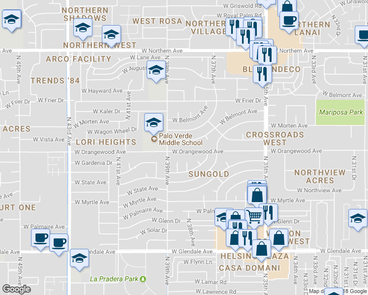 map of restaurants, bars, coffee shops, grocery stores, and more near 3814 West Orangewood Avenue in Phoenix