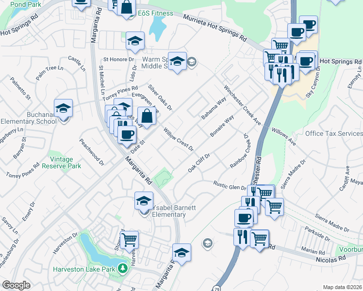 map of restaurants, bars, coffee shops, grocery stores, and more near 26924 Saint Kitts Court in Murrieta