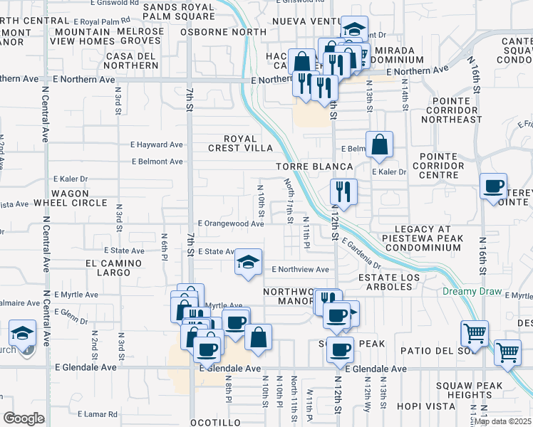 map of restaurants, bars, coffee shops, grocery stores, and more near 7514 North 10th Place in Phoenix
