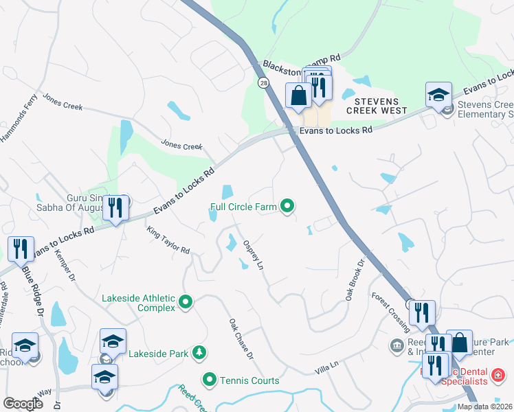 map of restaurants, bars, coffee shops, grocery stores, and more near 229 Full Circle Drive in Evans