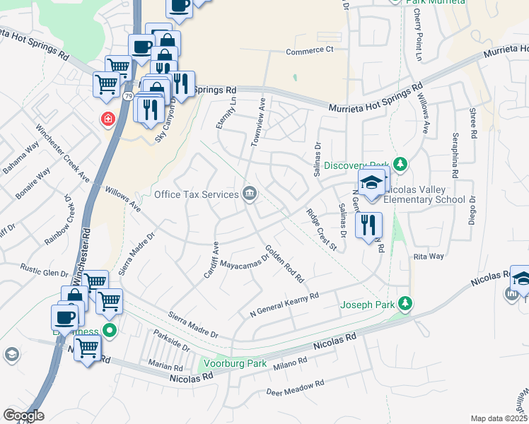 map of restaurants, bars, coffee shops, grocery stores, and more near 30392 Ambercorn Drive in Murrieta