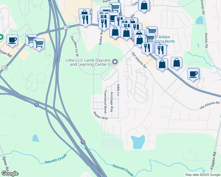 map of restaurants, bars, coffee shops, grocery stores, and more near 604 Armitage Way in Stockbridge