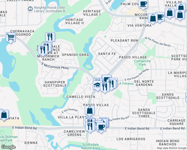 map of restaurants, bars, coffee shops, grocery stores, and more near 7500 North Vía Camello Del Norte in Scottsdale