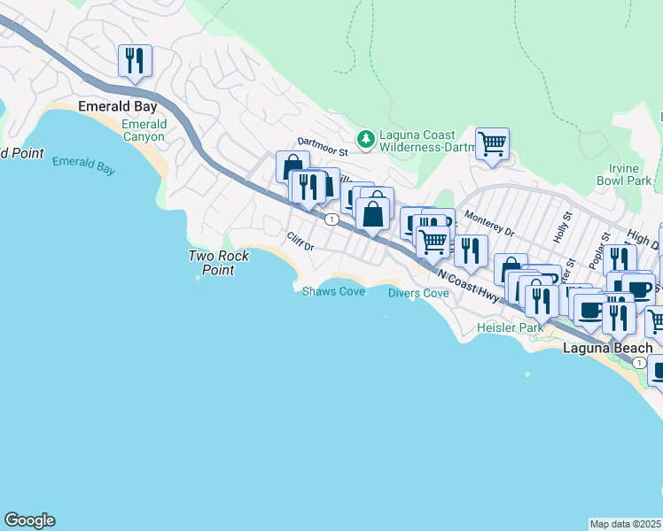 map of restaurants, bars, coffee shops, grocery stores, and more near 1041 Marine Drive in Laguna Beach