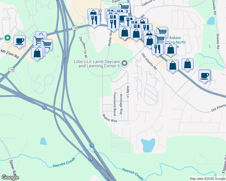 map of restaurants, bars, coffee shops, grocery stores, and more near 460 Townsend Bend in Stockbridge