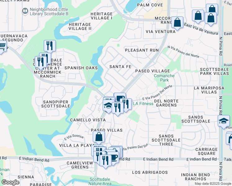map of restaurants, bars, coffee shops, grocery stores, and more near 8094 East Vía Del Arbor in Scottsdale