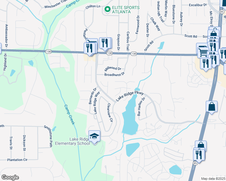 map of restaurants, bars, coffee shops, grocery stores, and more near 1202 West Briar Gate Court in Riverdale
