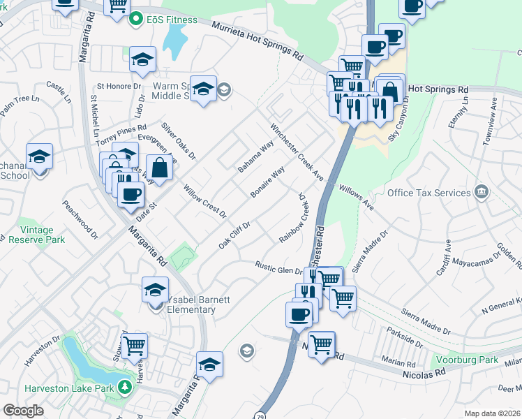 map of restaurants, bars, coffee shops, grocery stores, and more near 39537 Oak Cliff Drive in Temecula