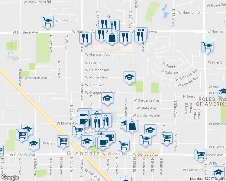 map of restaurants, bars, coffee shops, grocery stores, and more near 5712 West Orangewood Avenue in Glendale