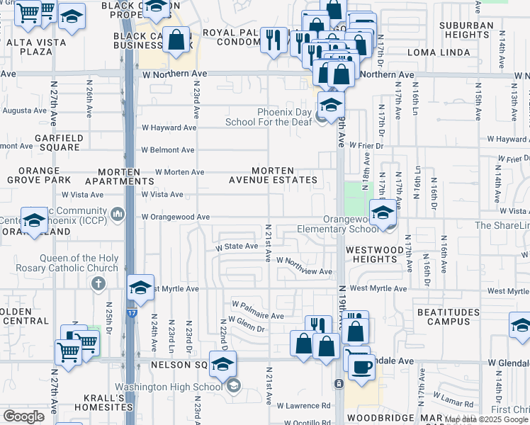 map of restaurants, bars, coffee shops, grocery stores, and more near 7502 North 21st Avenue in Phoenix