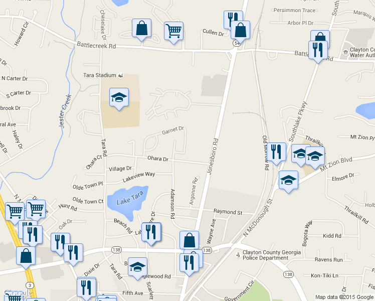 map of restaurants, bars, coffee shops, grocery stores, and more near 7415 Garnet Drive in Jonesboro