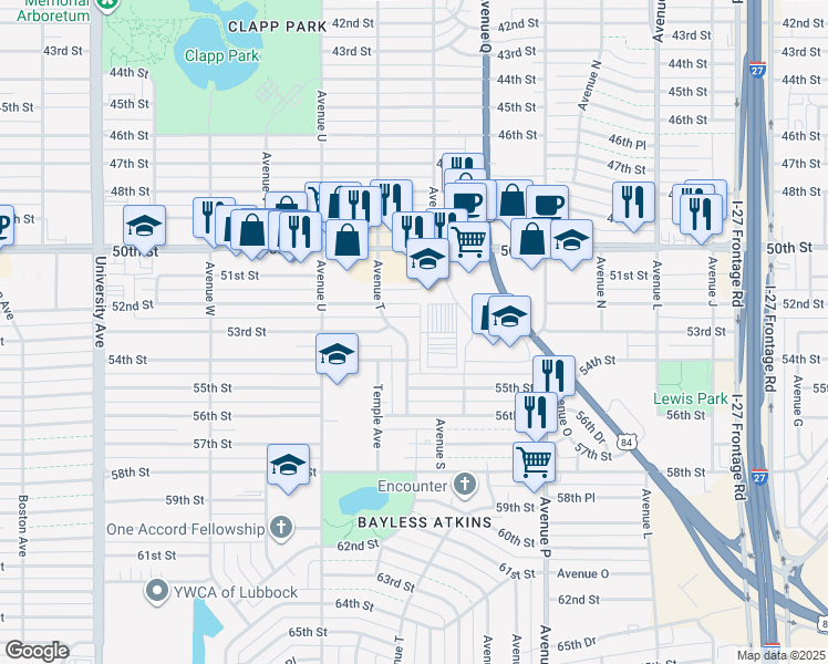 map of restaurants, bars, coffee shops, grocery stores, and more near 5307 Avenue T in Lubbock