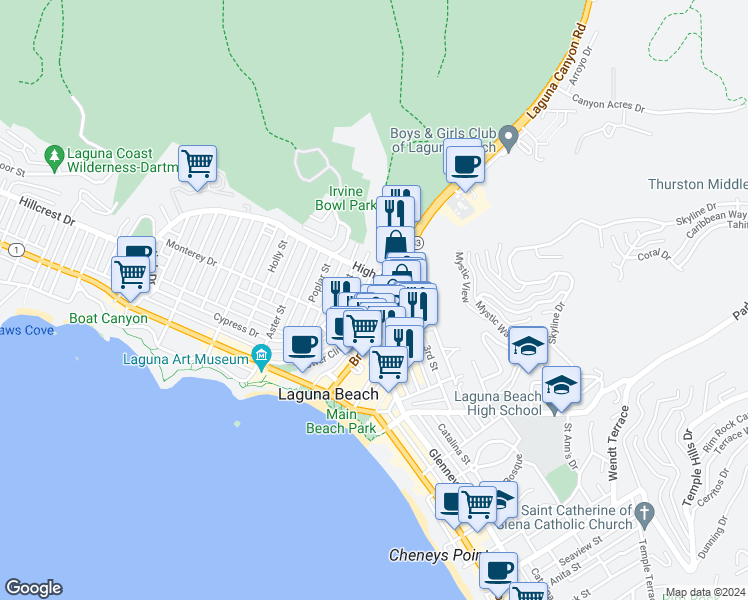 map of restaurants, bars, coffee shops, grocery stores, and more near 107 High Drive in Laguna Beach