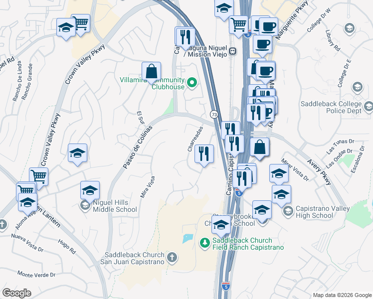 map of restaurants, bars, coffee shops, grocery stores, and more near 28705 Charreadas in Laguna Niguel