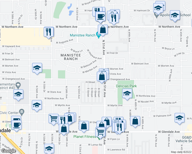 map of restaurants, bars, coffee shops, grocery stores, and more near 5169 West Vista Avenue in Glendale