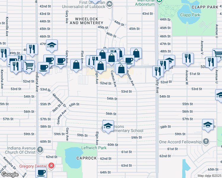 map of restaurants, bars, coffee shops, grocery stores, and more near 2808 53rd Street in Lubbock