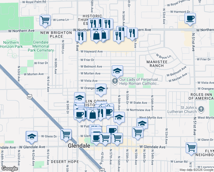 map of restaurants, bars, coffee shops, grocery stores, and more near 5712 West Orangewood Avenue in Glendale
