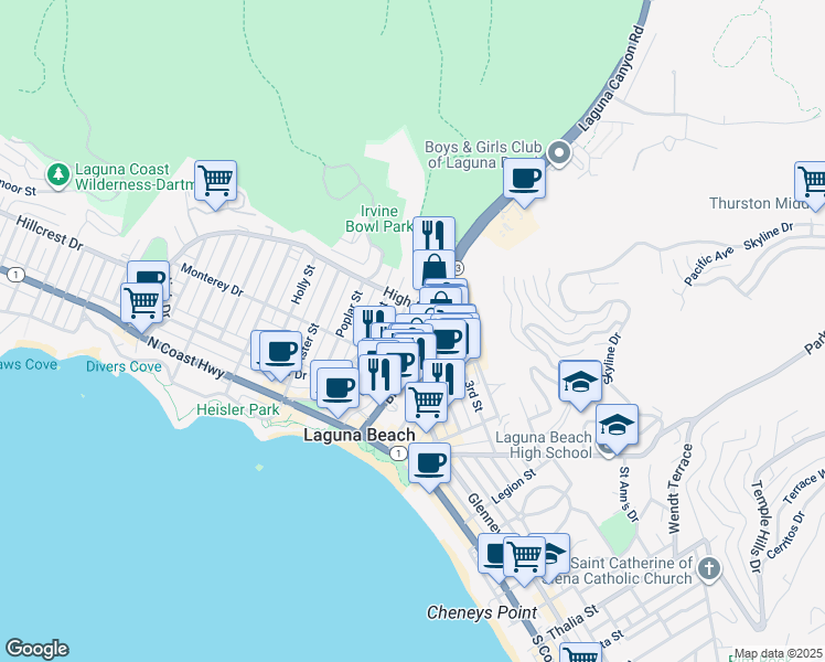 map of restaurants, bars, coffee shops, grocery stores, and more near 110 High Drive in Laguna Beach