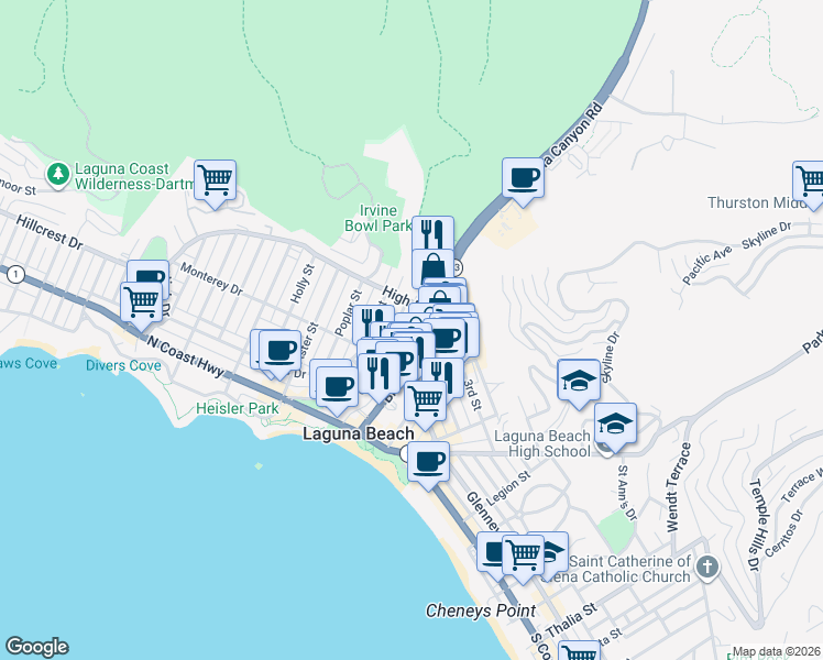 map of restaurants, bars, coffee shops, grocery stores, and more near 107 High Drive in Laguna Beach