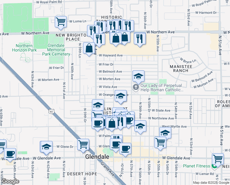 map of restaurants, bars, coffee shops, grocery stores, and more near 5754 West Orangewood Avenue in Glendale