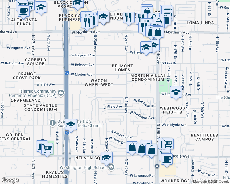 map of restaurants, bars, coffee shops, grocery stores, and more near 2134 West Orangewood Avenue in Phoenix
