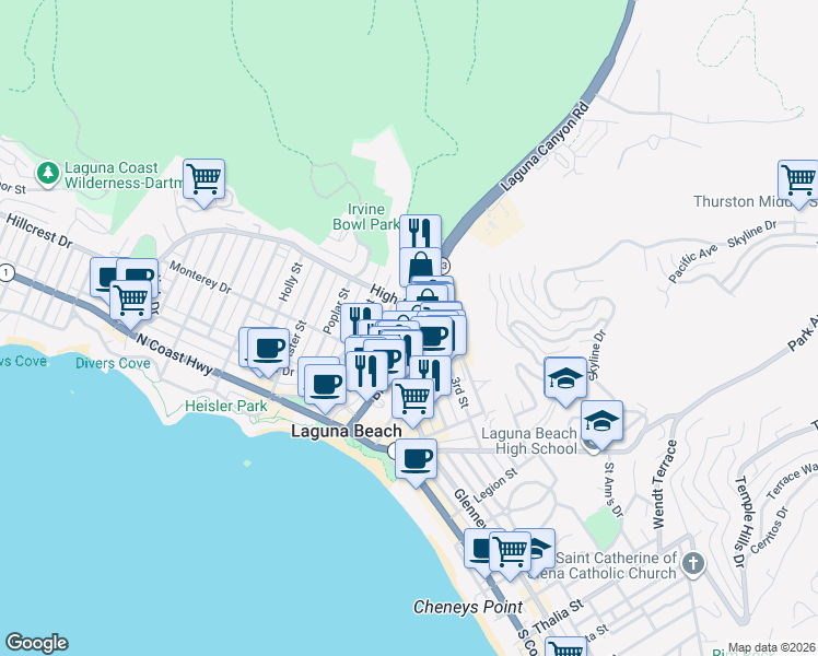 map of restaurants, bars, coffee shops, grocery stores, and more near 114 High Drive in Laguna Beach