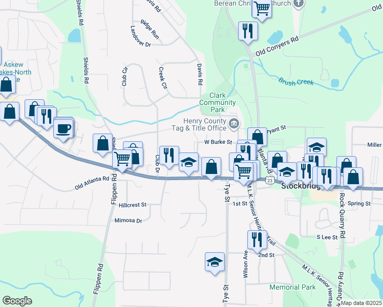 map of restaurants, bars, coffee shops, grocery stores, and more near 205 Oak Hill Circle in Stockbridge