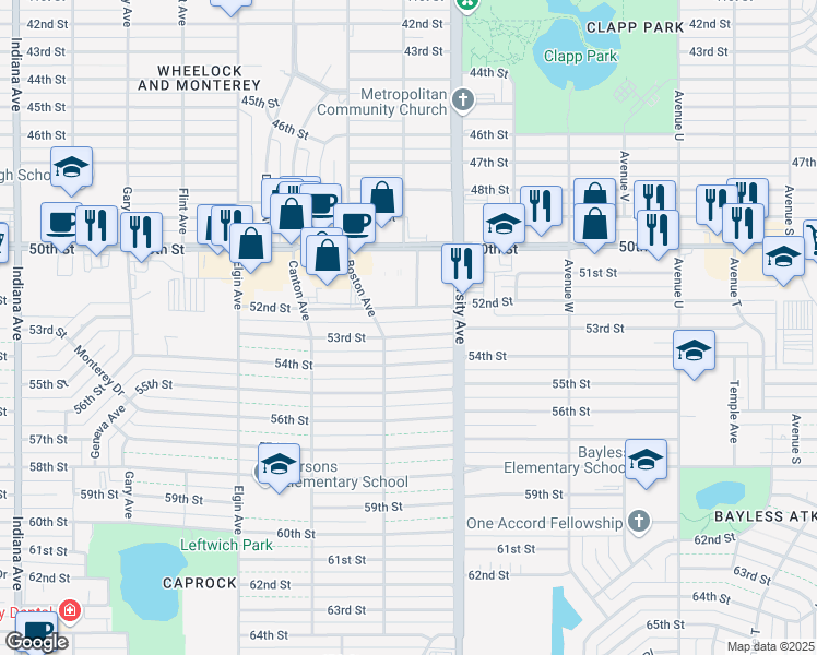 map of restaurants, bars, coffee shops, grocery stores, and more near 2514 53rd Street in Lubbock