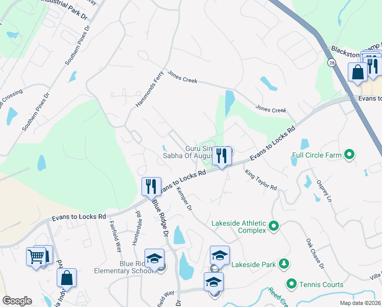 map of restaurants, bars, coffee shops, grocery stores, and more near 1016 Barrett Drive in Evans