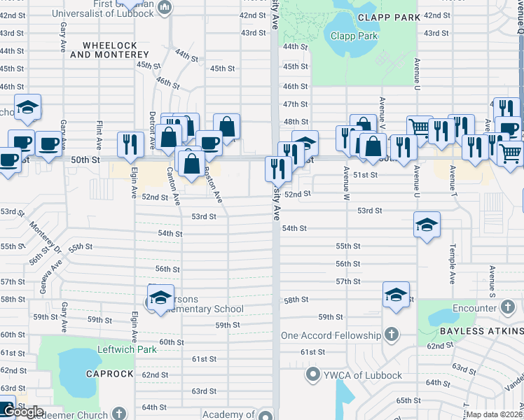 map of restaurants, bars, coffee shops, grocery stores, and more near 2504 53rd Street in Lubbock
