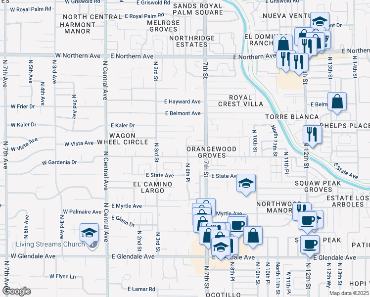 map of restaurants, bars, coffee shops, grocery stores, and more near 613 East Vista Avenue in Phoenix