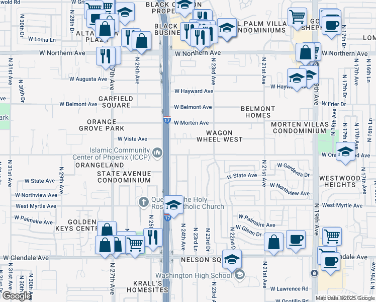 map of restaurants, bars, coffee shops, grocery stores, and more near 2336 West Orangewood Avenue in Phoenix