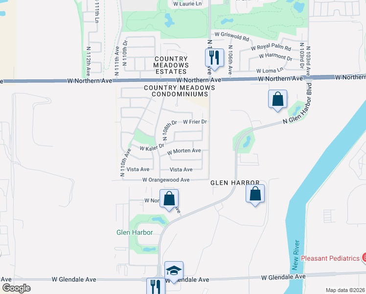 map of restaurants, bars, coffee shops, grocery stores, and more near 10738 West Morten Avenue in Glendale