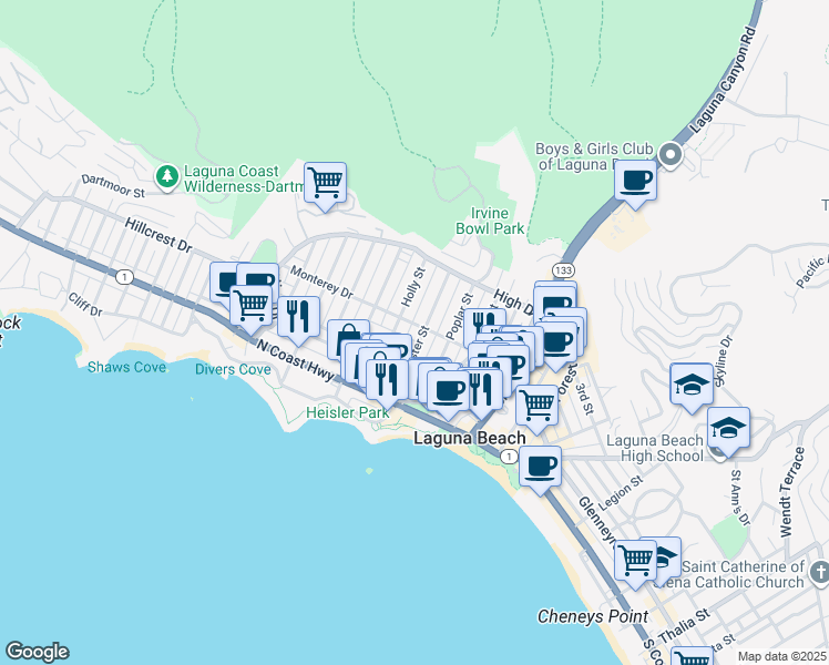 map of restaurants, bars, coffee shops, grocery stores, and more near 380 Aster Street in Laguna Beach
