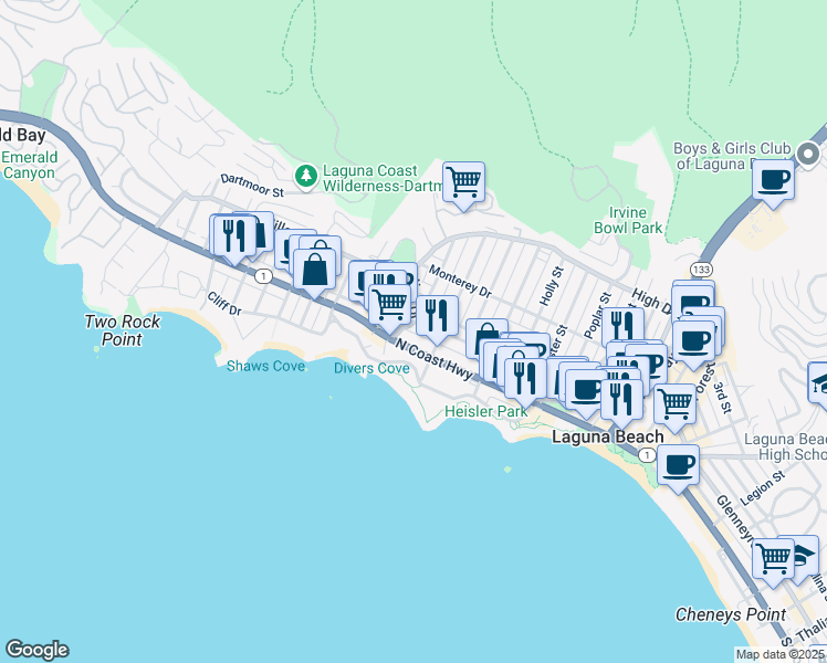 map of restaurants, bars, coffee shops, grocery stores, and more near 590 North Coast Highway in Laguna Beach