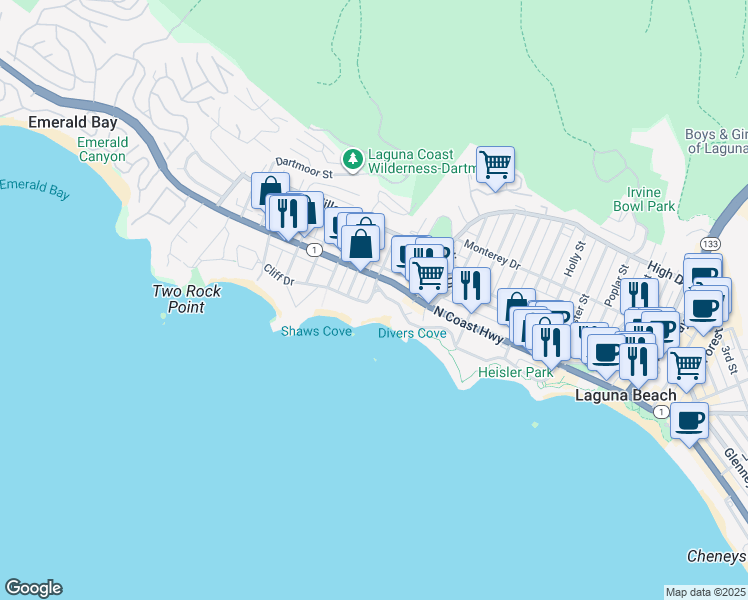 map of restaurants, bars, coffee shops, grocery stores, and more near 845 Cliff Drive in Laguna Beach