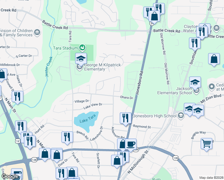 map of restaurants, bars, coffee shops, grocery stores, and more near 7619 Crimson Court in Jonesboro