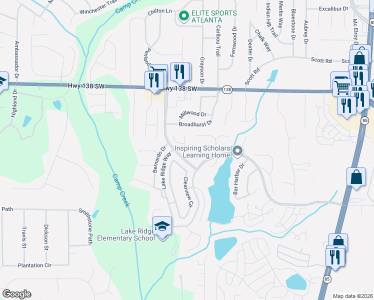 map of restaurants, bars, coffee shops, grocery stores, and more near 7664 North Briar Ridge Court in Riverdale