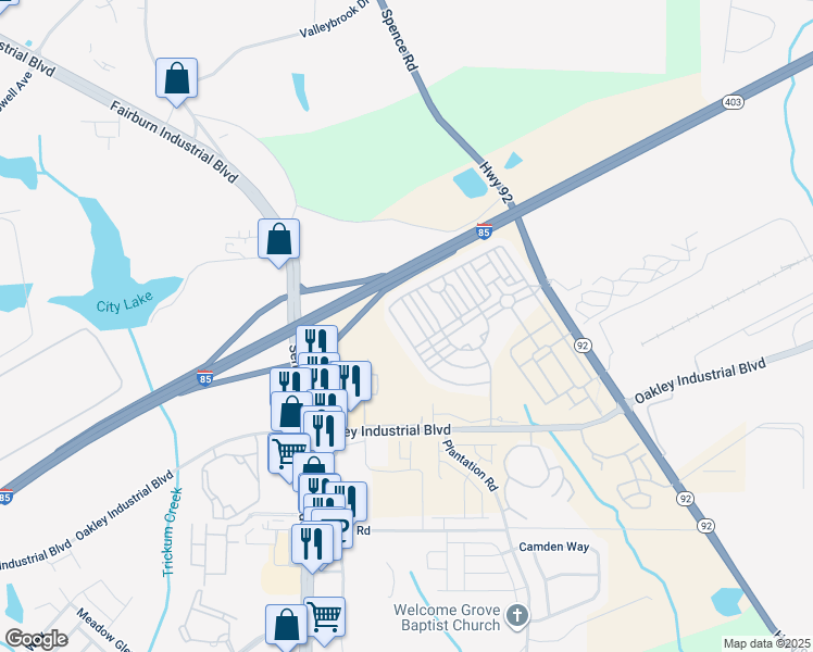 map of restaurants, bars, coffee shops, grocery stores, and more near 5722 Radford Loop in Fairburn