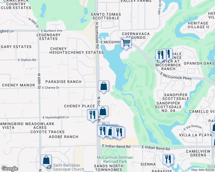 map of restaurants, bars, coffee shops, grocery stores, and more near 7401 North Scottsdale Road in Paradise Valley