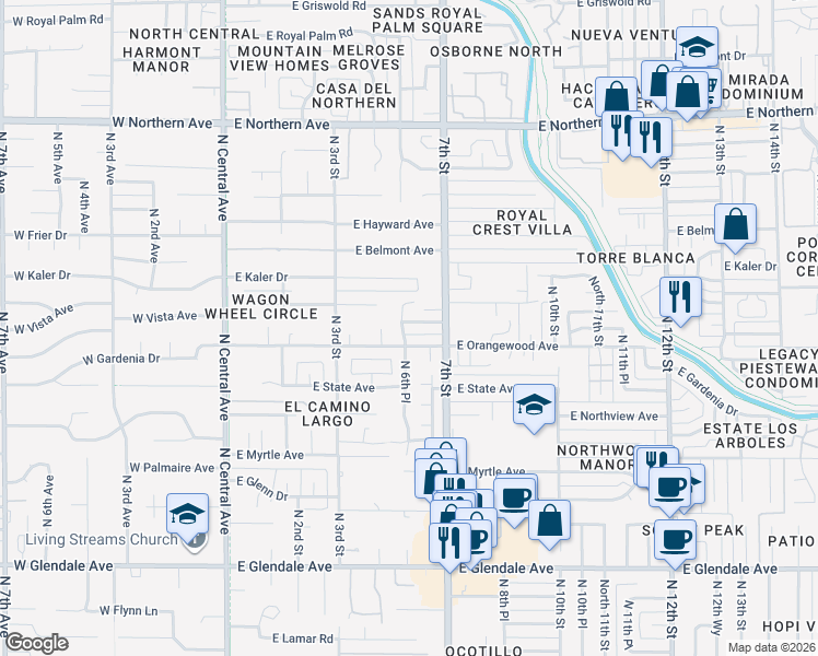 map of restaurants, bars, coffee shops, grocery stores, and more near 613 East Vista Avenue in Phoenix