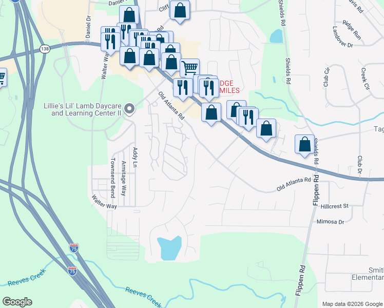 map of restaurants, bars, coffee shops, grocery stores, and more near 108 Willow Springs Lane in Stockbridge