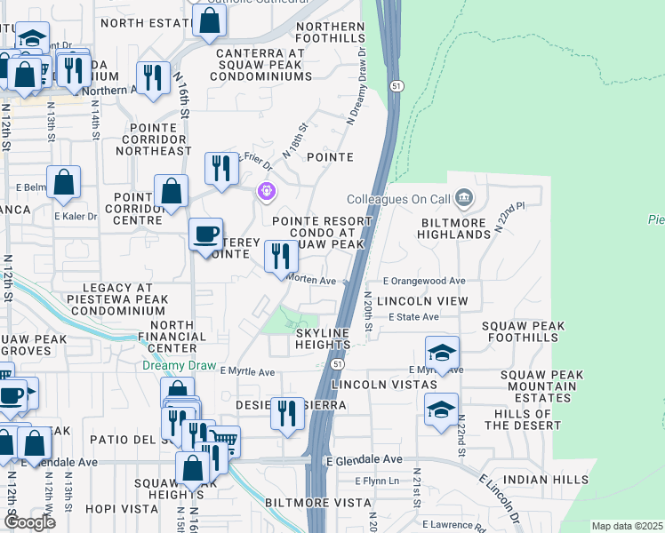 map of restaurants, bars, coffee shops, grocery stores, and more near 1880 East Morten Avenue in Phoenix