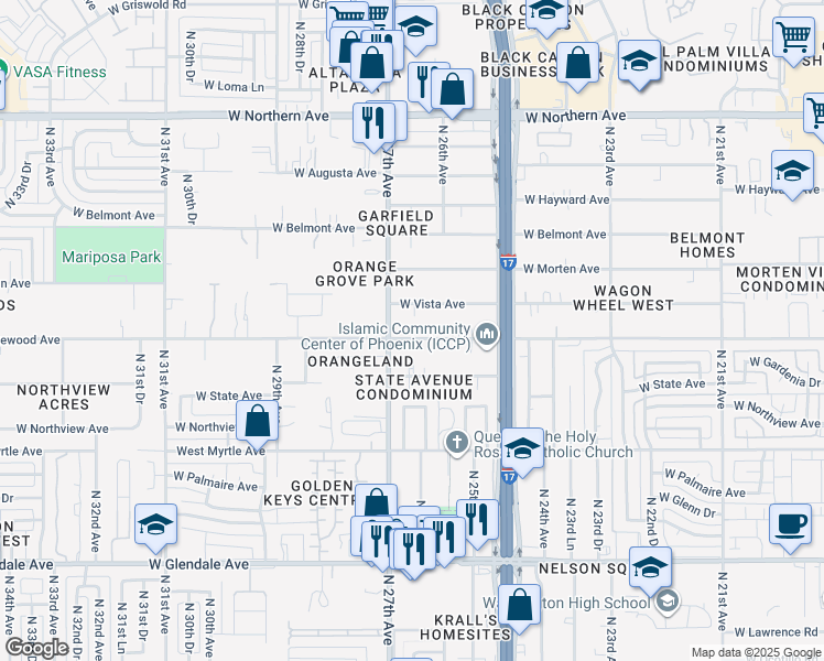 map of restaurants, bars, coffee shops, grocery stores, and more near 2636 West Orangewood Avenue in Phoenix